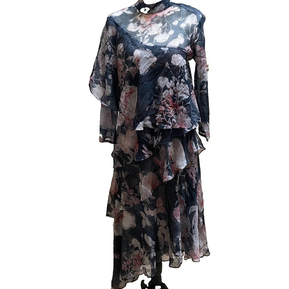 NWT Hemant & Nandita Sammy Floral Tiered Asymmetric Midi Dress Charcoal Pink XS